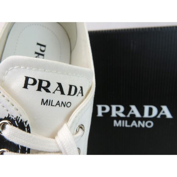 PRADA 1E617M WHITE BLACK POLKA CANVAS LOGO POINTY CAP LOW TOP SNEAKERS 38 ITALY - Picture 8 of 15